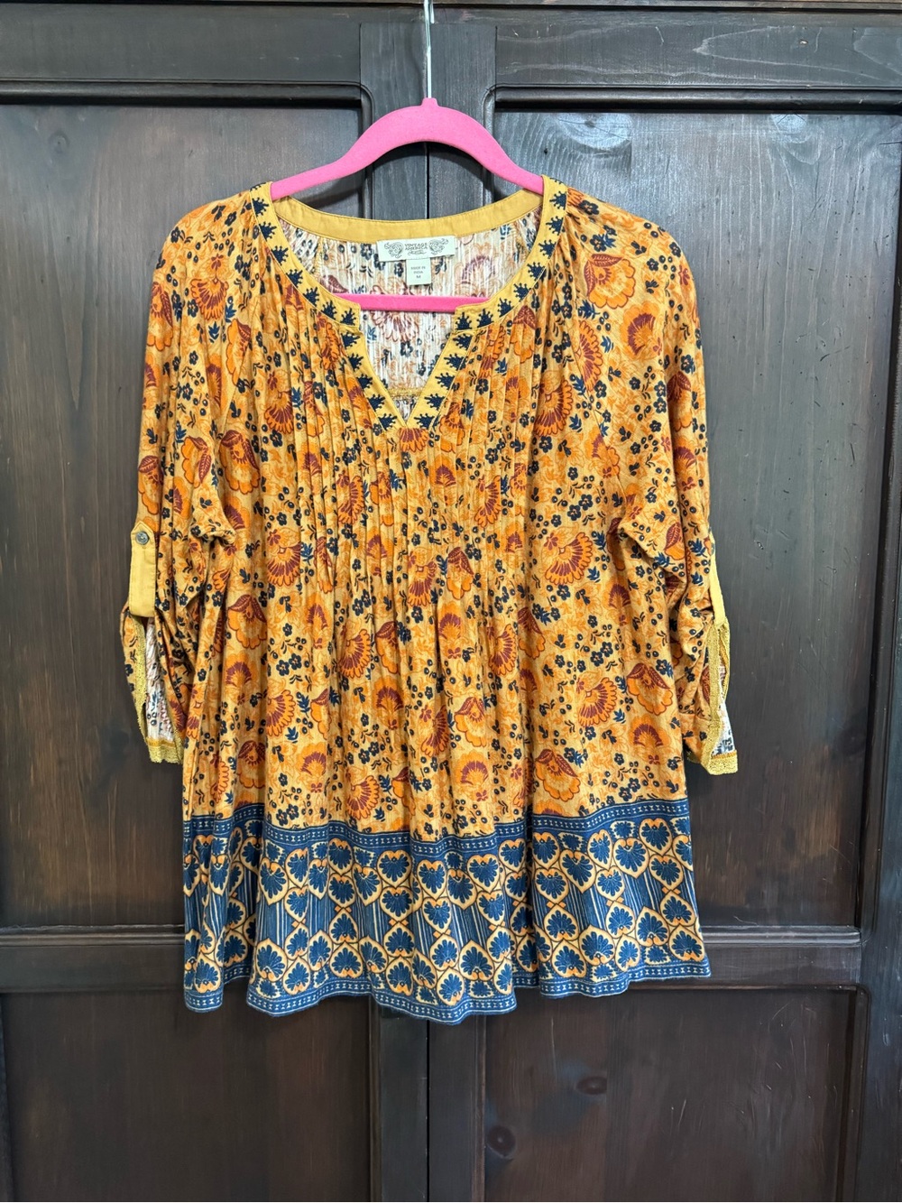 Vintage America Boho Floral Pintuck Peasant Top Mustard with Navy Border size M